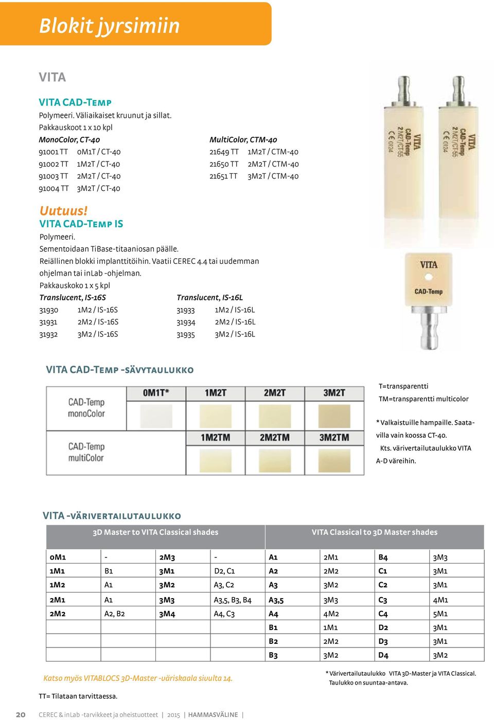 TT 3M2T / CTM-40 Uutuus! VITA CAD-Temp IS Polymeeri. Sementoidaan TiBase-titaaniosan päälle. Reiällinen blokki implanttitöihin. Vaatii CEREC 4.4 tai uudemman ohjelman tai inab -ohjelman.