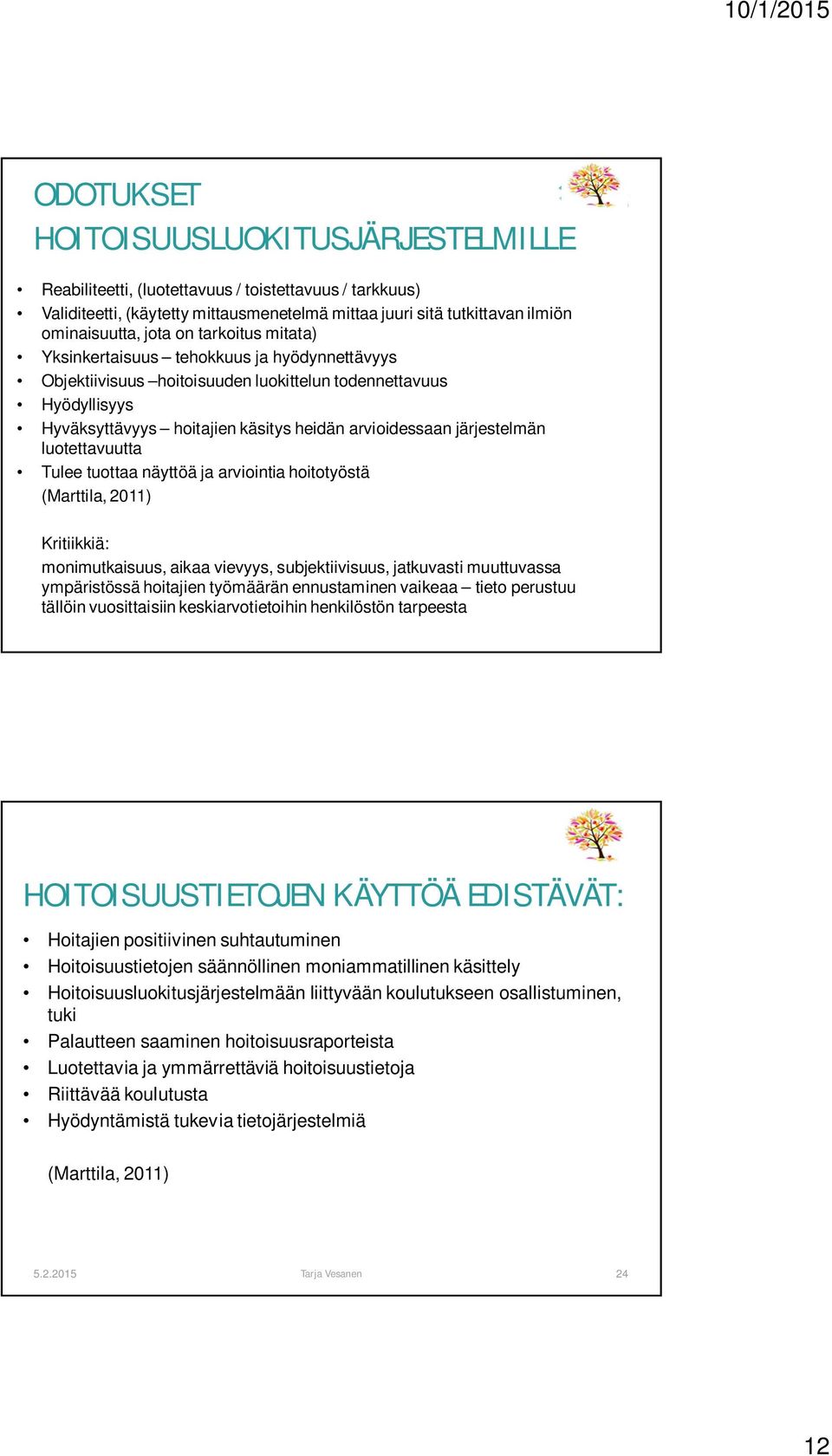 luotettavuutta Tulee tuottaa näyttöä ja arviointia hoitotyöstä (Marttila, 2011) Kritiikkiä: monimutkaisuus, aikaa vievyys, subjektiivisuus, jatkuvasti muuttuvassa ympäristössä hoitajien työmäärän