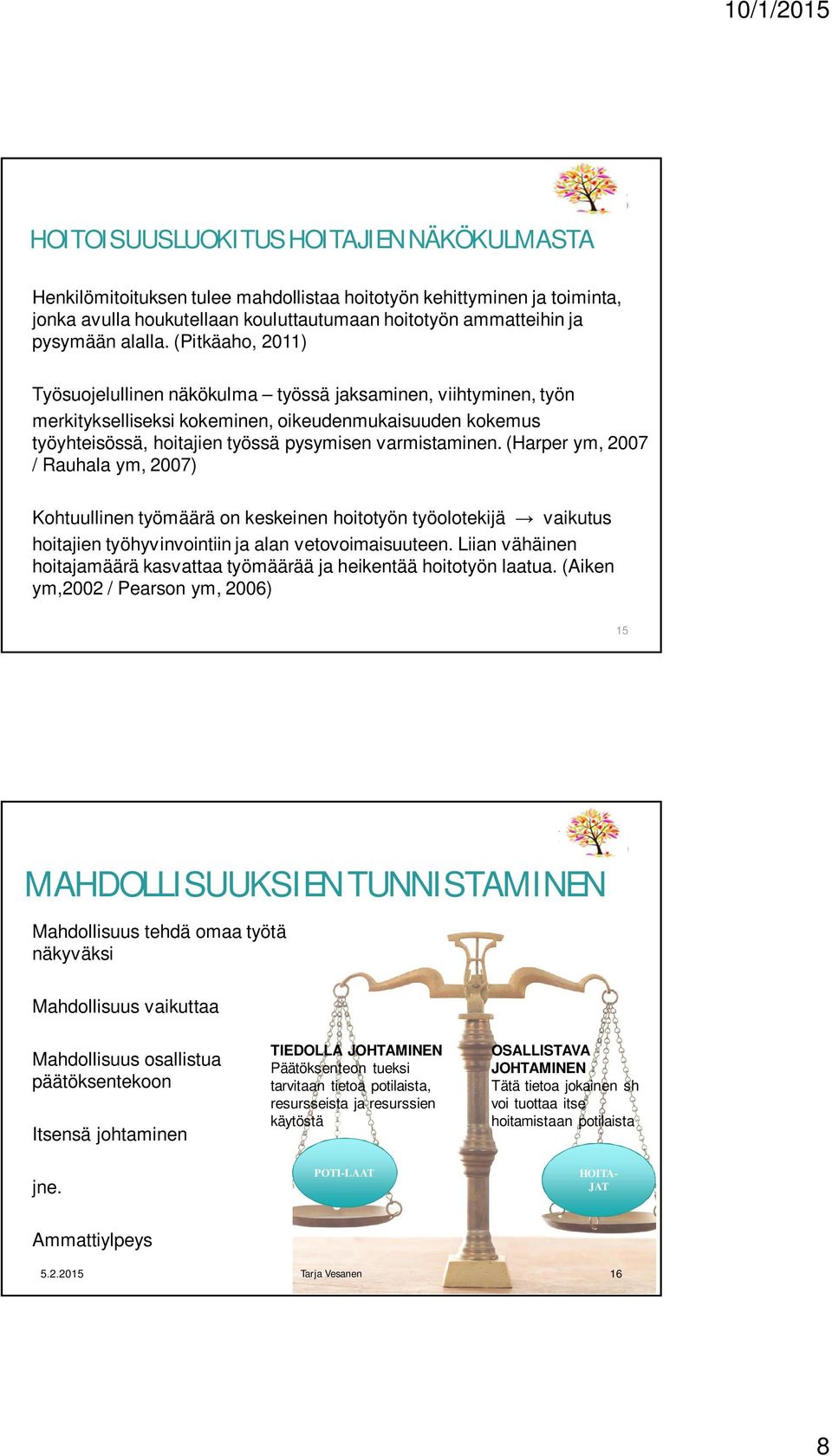 (Harper ym, 2007 / Rauhala ym, 2007) Kohtuullinen työmäärä on keskeinen hoitotyön työolotekijä vaikutus hoitajien työhyvinvointiin ja alan vetovoimaisuuteen.