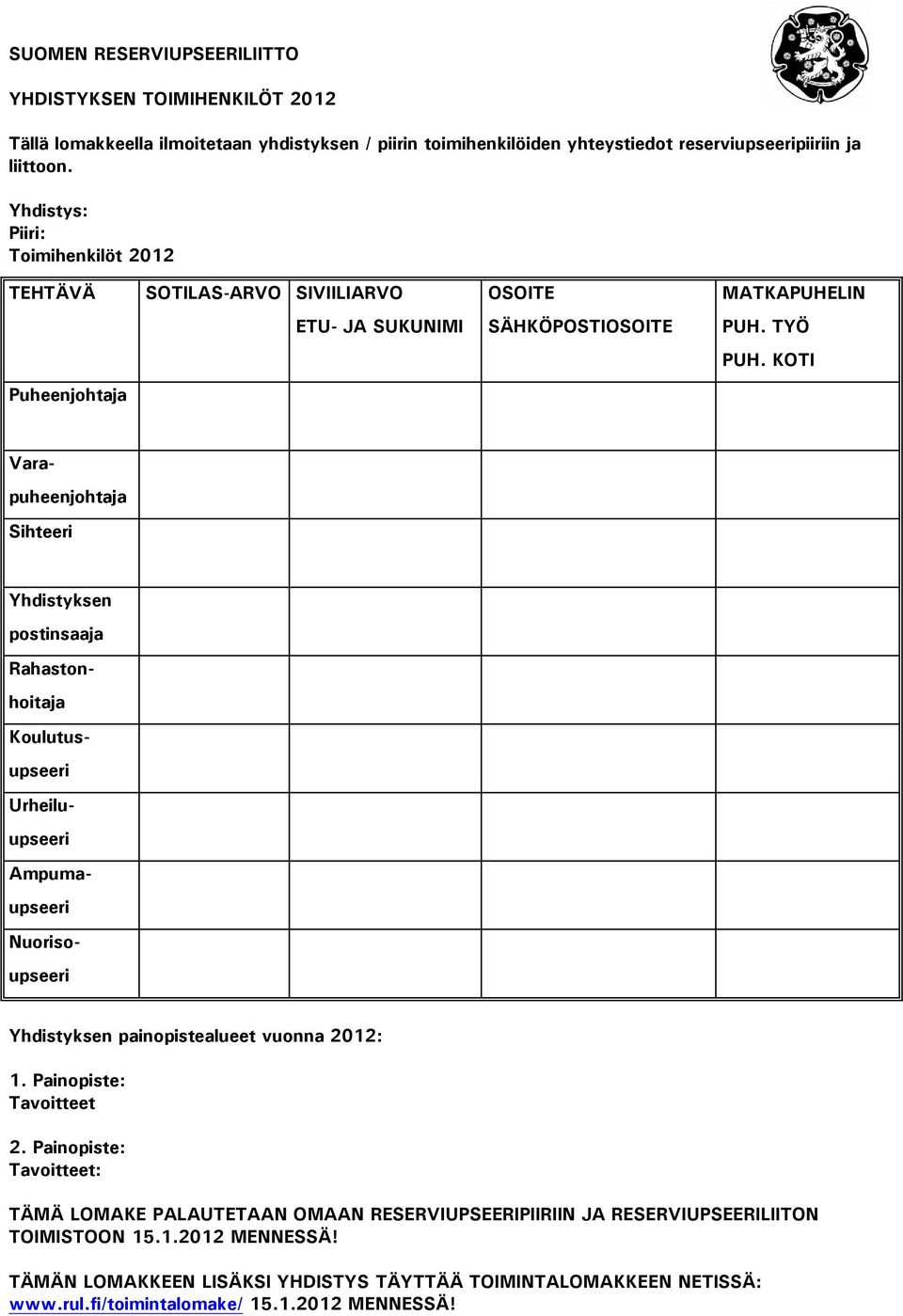 KOTI Puheenjohtaja Vara- puheenjohtaja Sihteeri Yhdistyksen postinsaaja Rahaston- hoitaja Koulutus- upseeri Urheilu- upseeri Ampuma- upseeri Nuoriso- upseeri Yhdistyksen painopistealueet vuonna