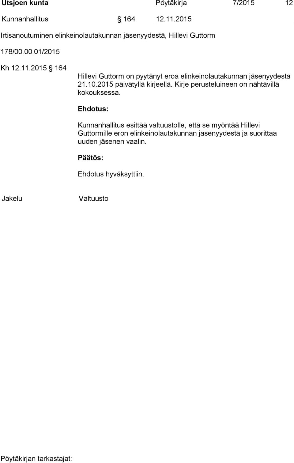 2015 164 Hillevi Guttorm on pyytänyt eroa elinkeinolautakunnan jäsenyydestä 21.10.2015 päivätyllä kirjeellä.