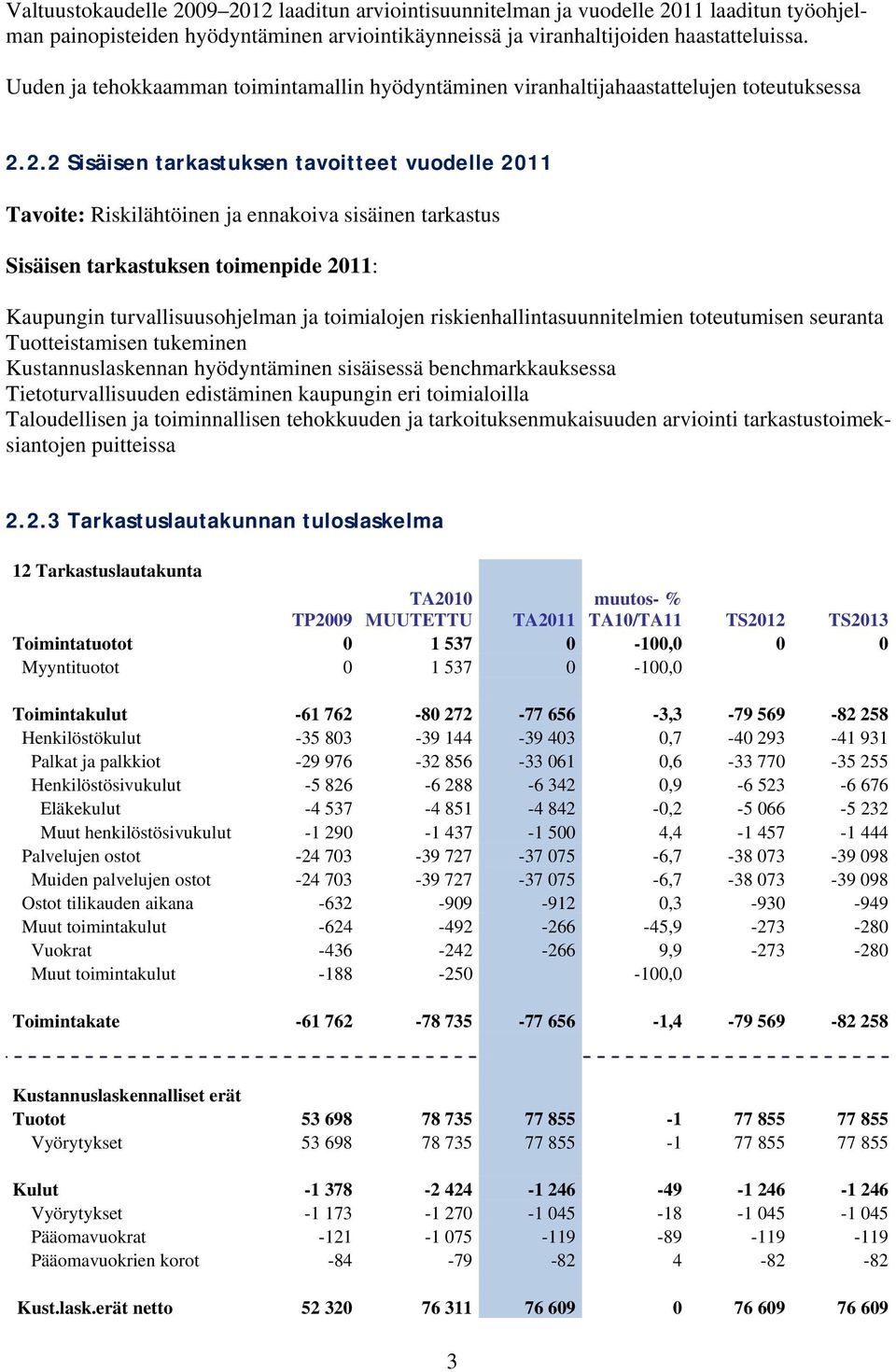 2.2 Sisäisen tarkastuksen tavoitteet vuodelle 2011 Tavoite: Riskilähtöinen ja ennakoiva sisäinen tarkastus Sisäisen tarkastuksen toimenpide 2011: Kaupungin turvallisuusohjelman ja toimialojen