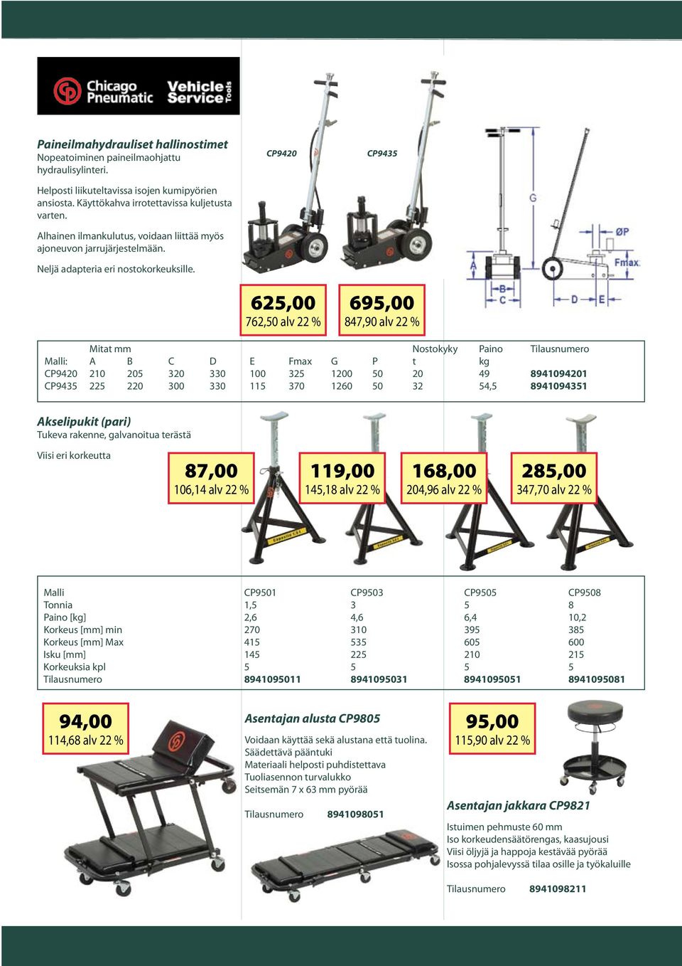 CP9420 625,00 762,50 alv 22 % CP9435 695,00 847,90 alv 22 % Mitat mm Nostokyky Paino Tilausnumero Malli: A B C D E Fmax G P t kg CP9420 210 205 320 330 100 325 1200 50 20 49 8941094201 CP9435 225 220