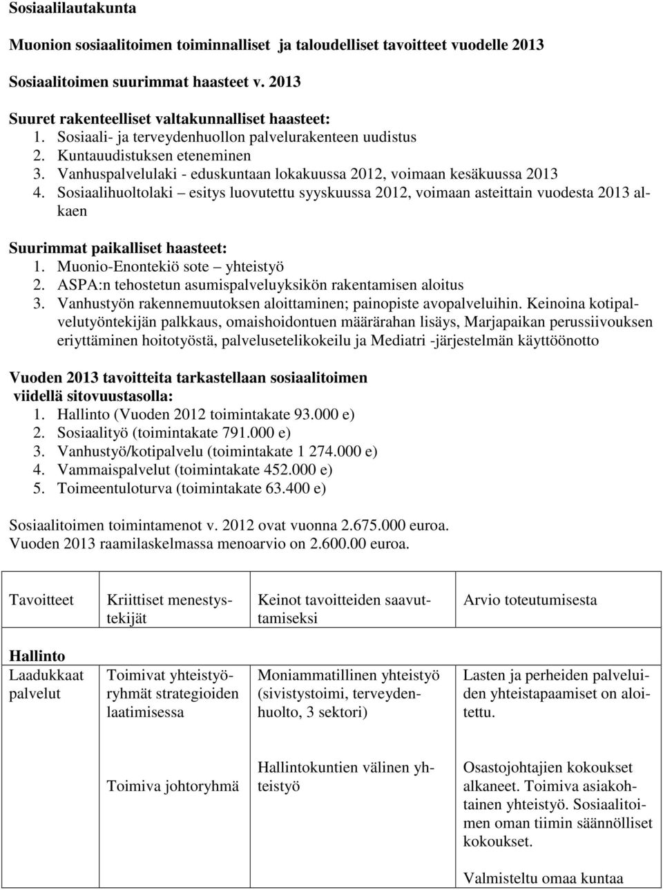 Sosiaalihuoltolaki esitys luovutettu syyskuussa 2012, voimaan asteittain vuodesta 2013 alkaen Suurimmat paikalliset haasteet: 1. Muonio-Enontekiö sote yhteistyö 2.