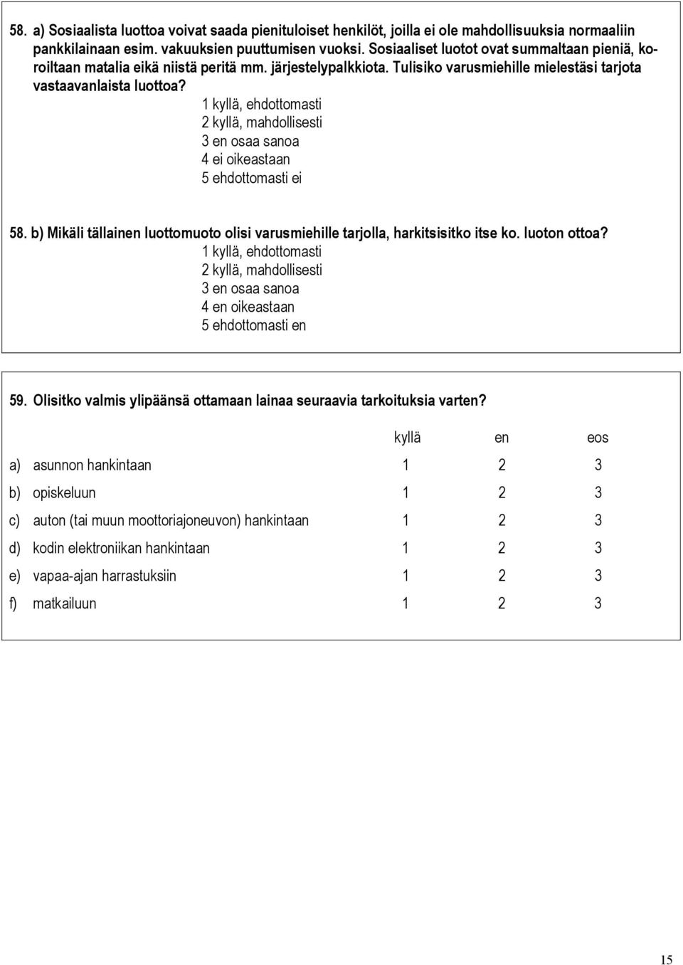 1 kyllä, ehdottomasti 2 kyllä, mahdollisesti 4 ei oikeastaan 5 ehdottomasti ei 58. b) Mikäli tällainen luottomuoto olisi varusmiehille tarjolla, harkitsisitko itse ko. luoton ottoa?