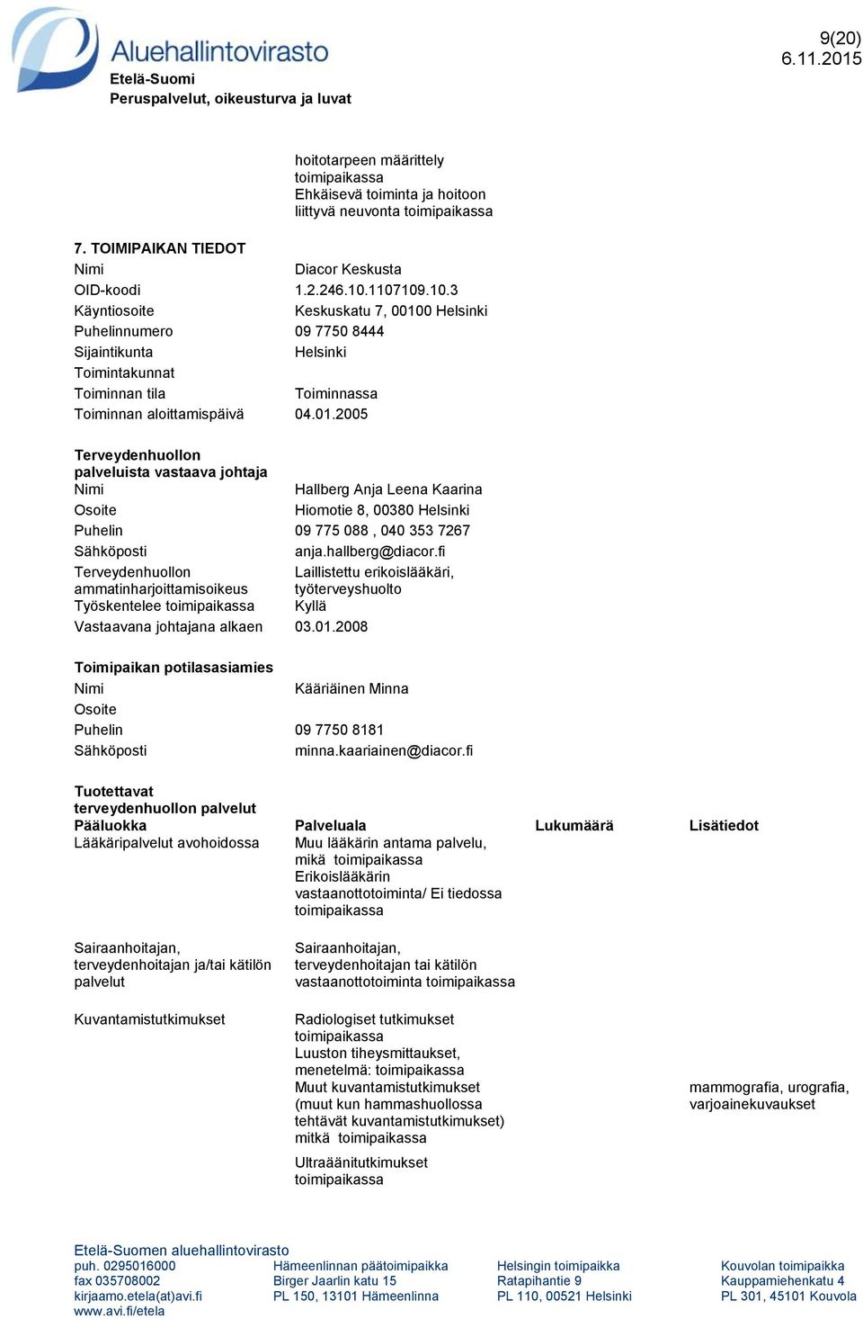 01.2008 Puhelin 09 7750 8181 terveydenhuollon Lääkäri avohoidossa Muu lääkärin antama palvelu, mikä vastaanottotoiminta/ Ei tiedossa vastaanottotoiminta Luuston tiheysmittaukset, menetelmä: Muut