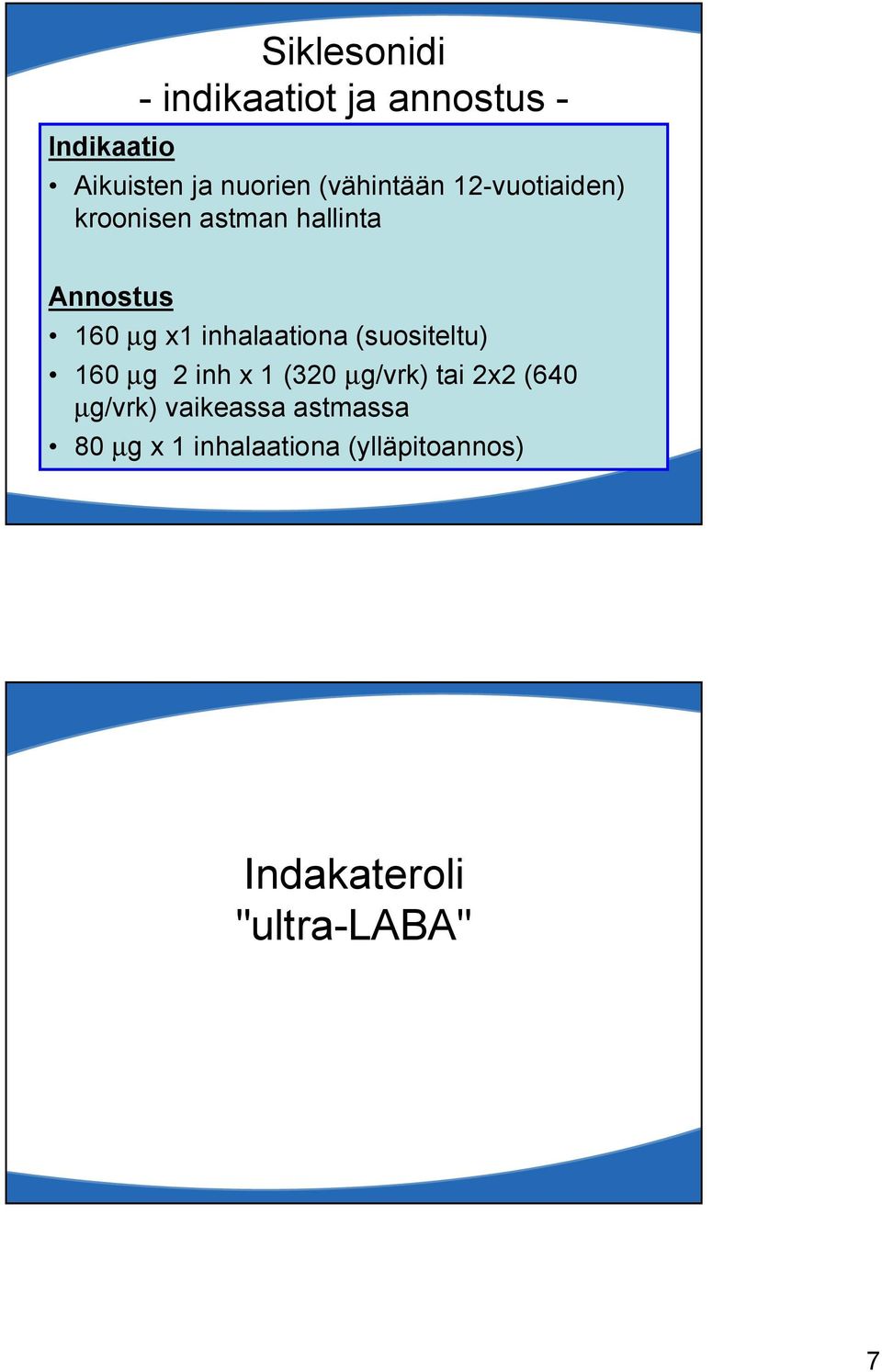inhalaationa (suositeltu) 160 µg 2 inh x 1 (320 µg/vrk) tai 2x2 (640