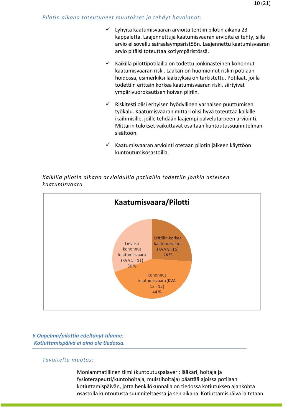 Kaikilla pilottipotilailla on todettu jonkinasteinen kohonnut kaatumisvaaran riski. Lääkäri on huomioinut riskin potilaan hoidossa, esimerkiksi lääkityksiä on tarkistettu.