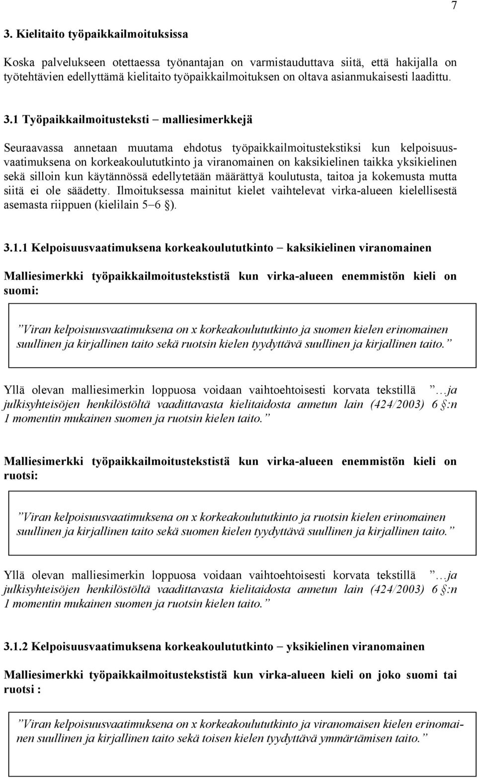 1 Työpaikkailmoitusteksti malliesimerkkejä Seuraavassa annetaan muutama ehdotus työpaikkailmoitustekstiksi kun kelpoisuusvaatimuksena on korkeakoulututkinto ja viranomainen on kaksikielinen taikka