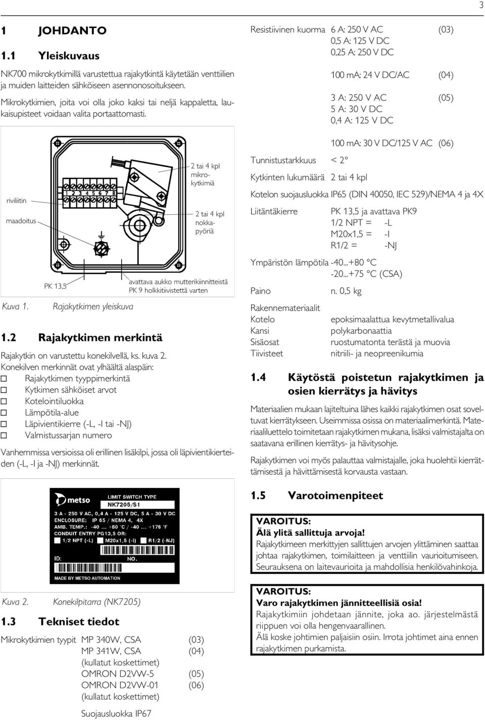 PK 13,5 Rajakytkimen yleiskuva 2 tai 4 kpl mikrokytkimiä 2 tai 4 kpl nokkapyöriä avattava aukko mutterikiinnitteistä PK 9 holkkitiivistettä varten 1.