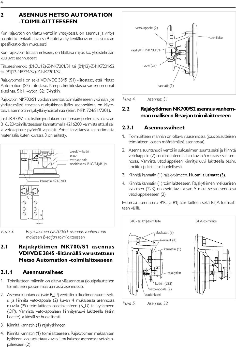 Tilausesimerkki: (B1CU12)-Z-NK7201/S1 tai (B1J12)-Z-NK7201/S2 tai (B1J12-NP724/S2)-Z-NK7201/S2. Rajakytkimellä on sekä VDI/VDE 3845 (S1) -liitostaso, että Metso Automation (S2) -liitostaso.