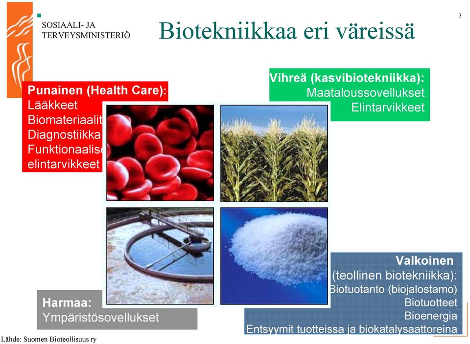 Elintarvikkeet Harmaa: Ympäristösovellukset Lähde: Suomen Bioteollisuus ry Valkoinen