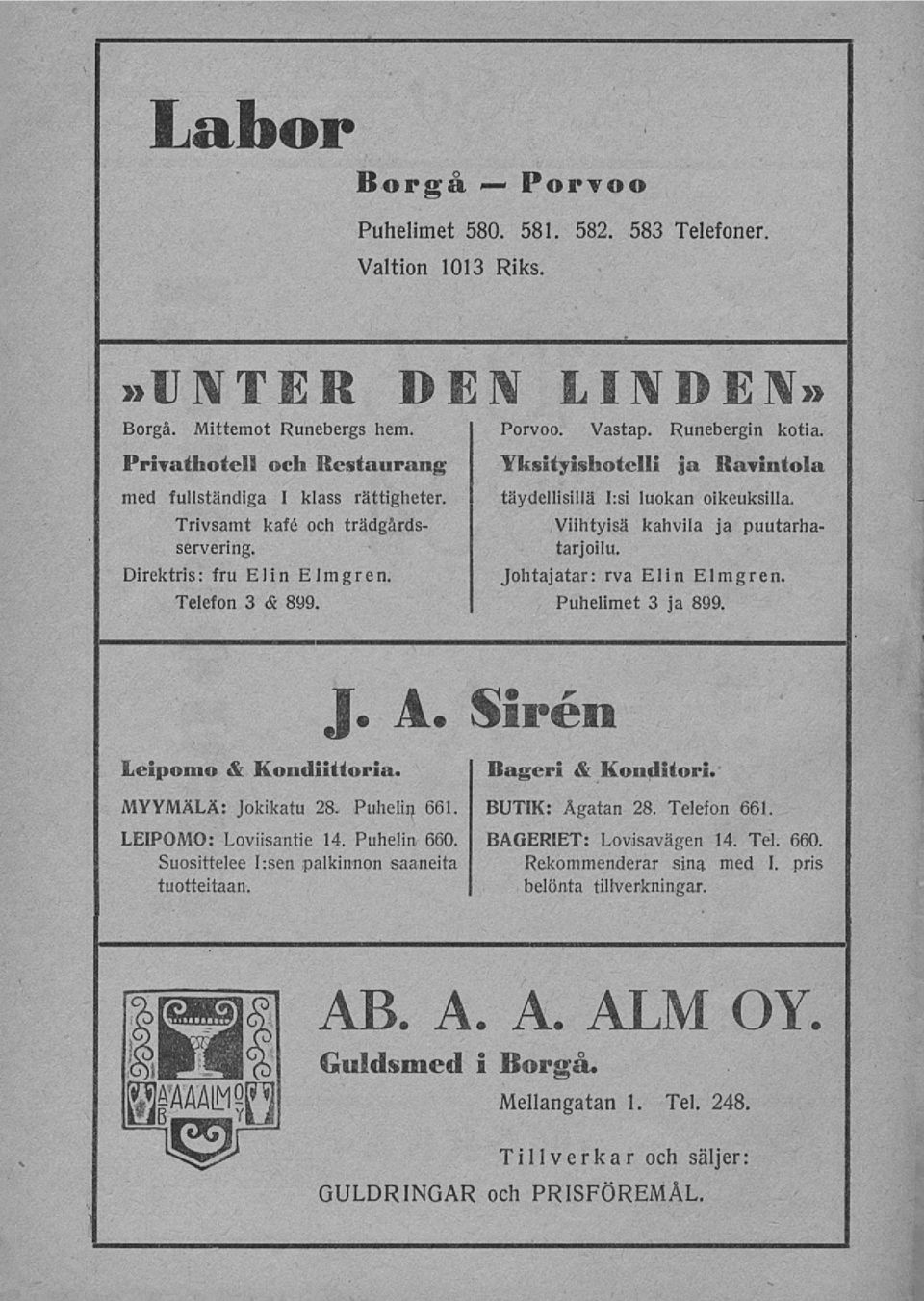 Viihtyisä kahvila ja puutarhatarjoilu. Johtajatar: rva Elin Elmgren. Puhelimet 3 ja 899. J. A. Leipomo & Kondiittoria. MYYMÄLÄ: Jokikatu 28. Puhelin, 661 LEIPOMO: Loviisantie 14. Puhelin 660.