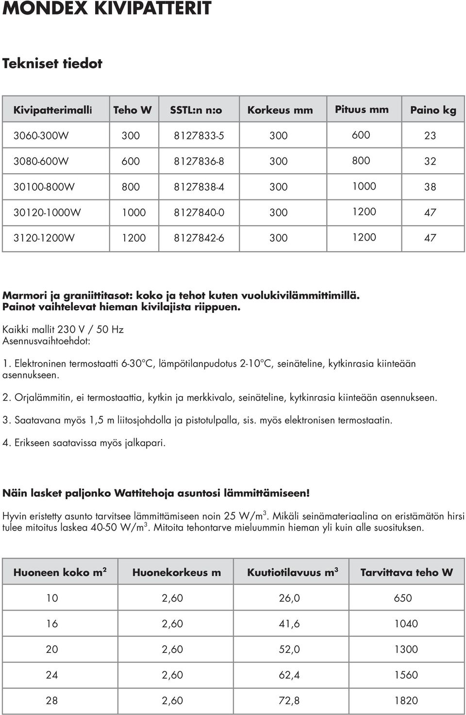 Kaikki mallit 230 V / 50 Hz Asennusvaihtoehdot: 1. Elektroninen termostaatti 6-30 C, lämpötilanpudotus 2-10 C, seinäteline, kytkinrasia kiinteään asennukseen. 2. Orjalämmitin, ei termostaattia, kytkin ja merkkivalo, seinäteline, kytkinrasia kiinteään asennukseen.