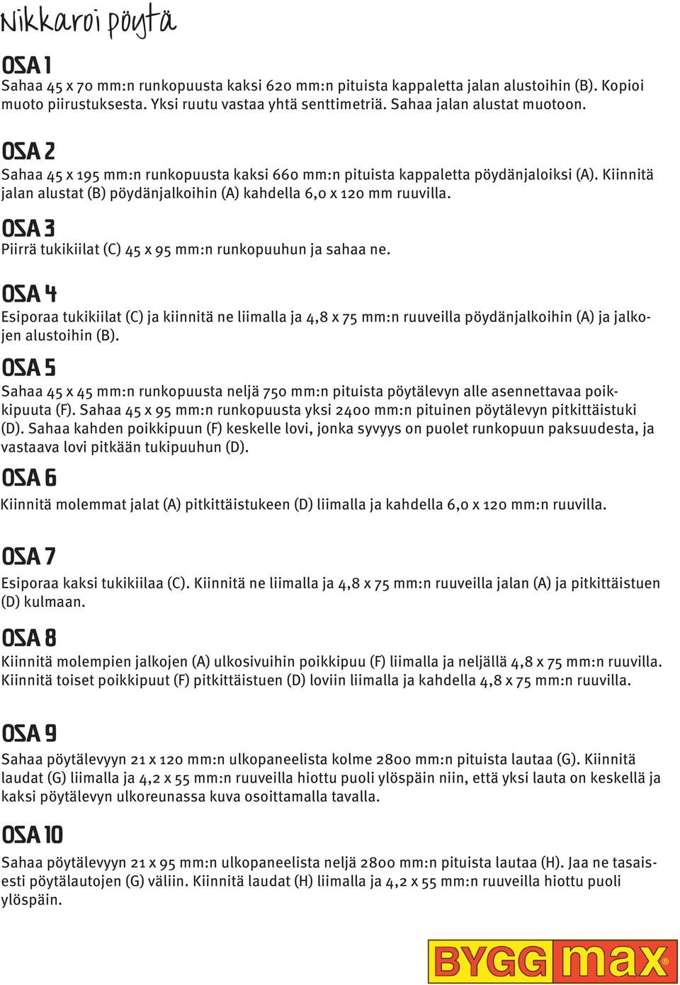 Osa 3 Piirrä tukikiilat (C) 45 x 95 mm:n runkopuuhun ja sahaa ne. Osa 4 Esiporaa tukikiilat (C) ja kiinnitä ne liimalla ja 4,8 x 75 mm:n ruuveilla pöydänjalkoihin (A) ja jalkojen alustoihin (B).