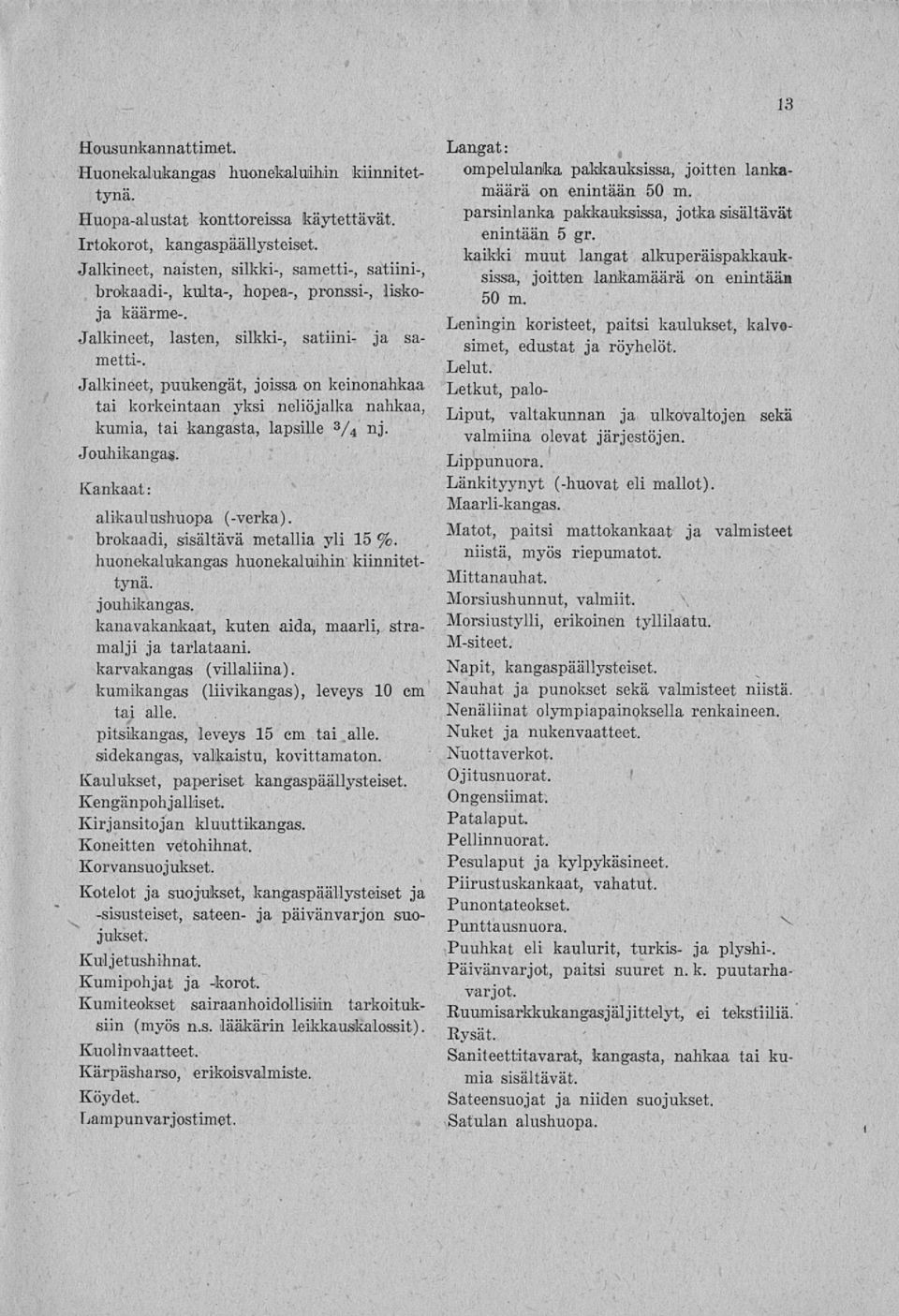 Jalkineet, puukengät, joissa on keinonankaa tai korkeintaan yksi neliöjalka nahkaa, kumia, tai kangasta, lapsille 3/ 4 nj. Jouhikangas. Kankaat: alikaulushuopa (-verka).