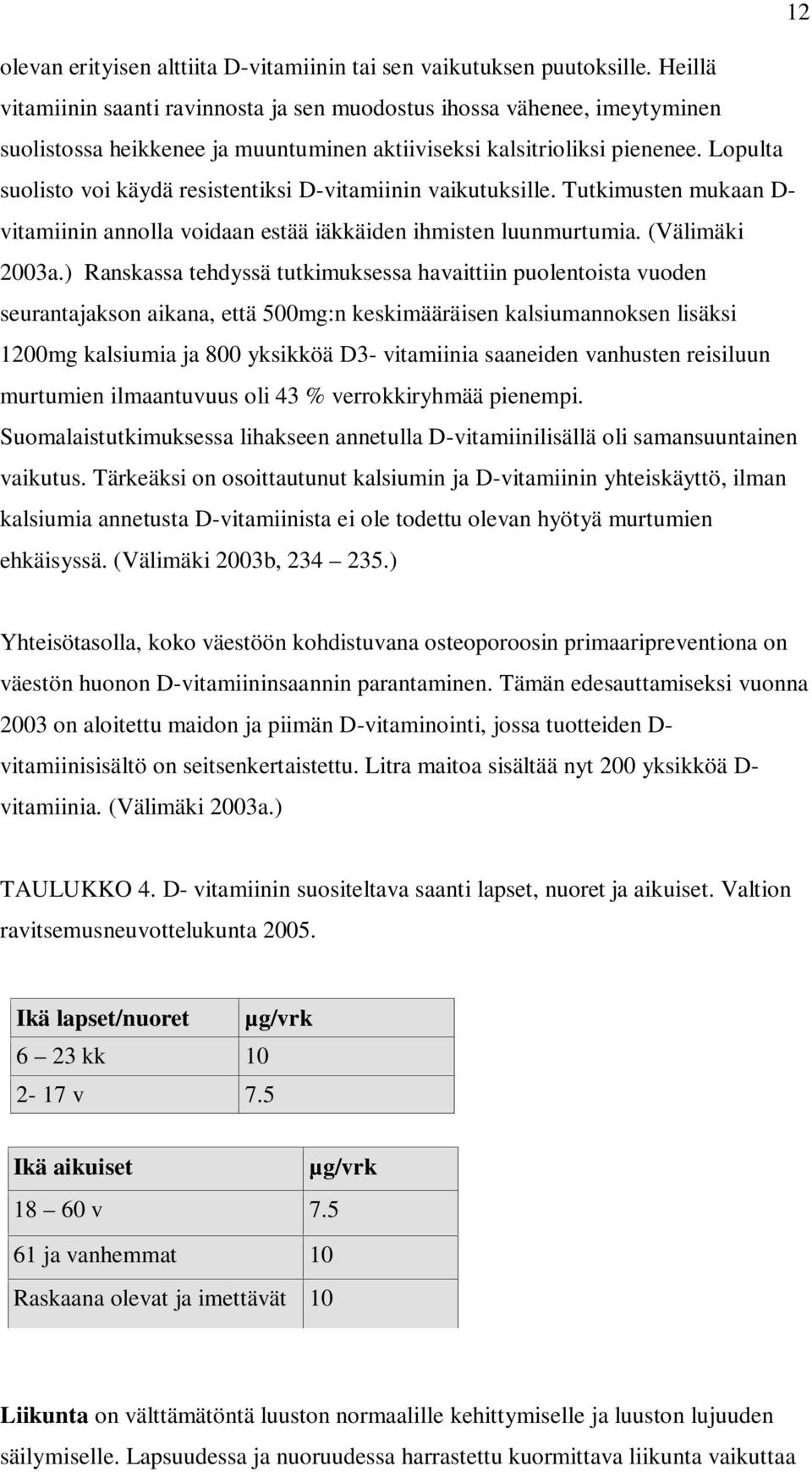 Lopulta suolisto voi käydä resistentiksi D-vitamiinin vaikutuksille. Tutkimusten mukaan D- vitamiinin annolla voidaan estää iäkkäiden ihmisten luunmurtumia. (Välimäki 2003a.