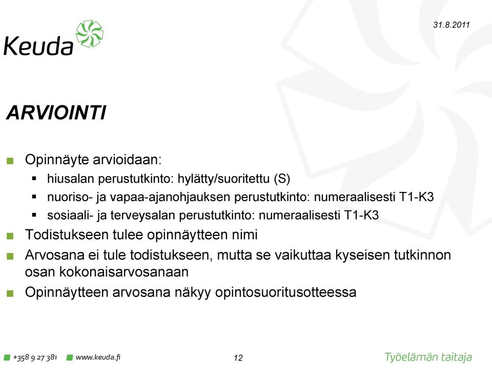 numeraalisesti T1-K3 Todistukseen tulee opinnäytteen nimi Arvosana ei tule todistukseen, mutta se