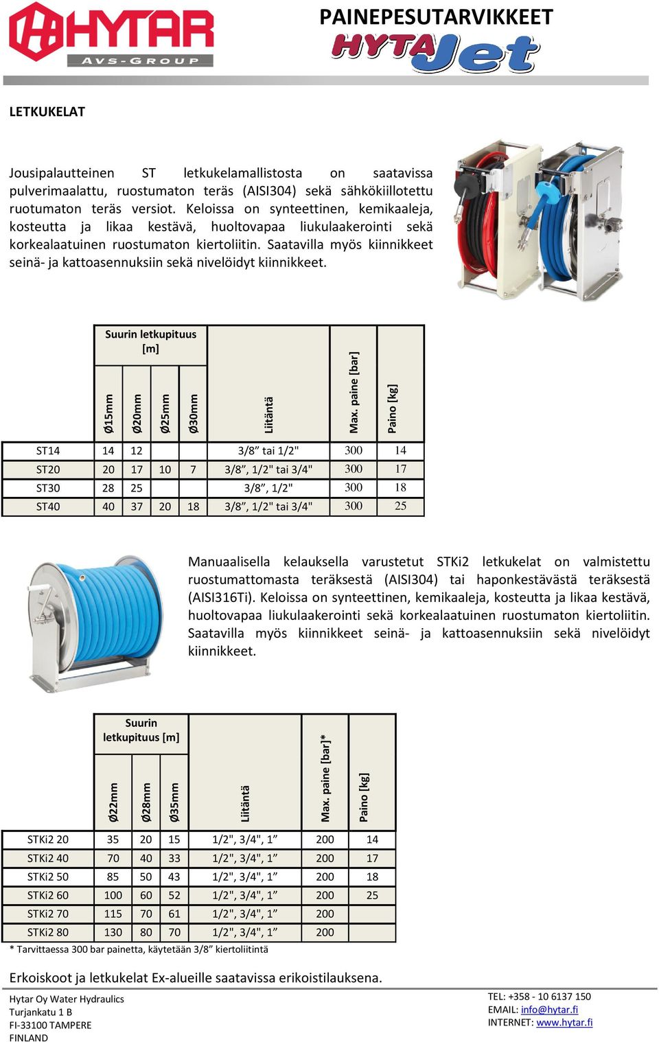 Saatavilla myös kiinnikkeet seinä- ja kattoasennuksiin sekä nivelöidyt kiinnikkeet. Suurin letkupituus [m] Ø15mm Ø20mm Ø25mm Ø30mm Liitäntä Max.