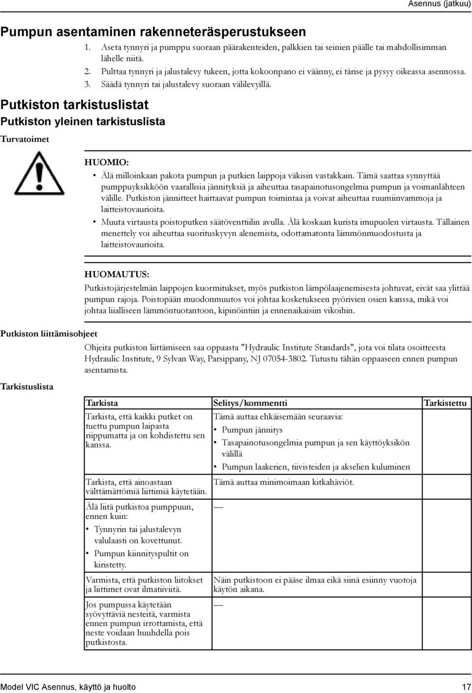 Putkiston tarkistuslistat Putkiston yleinen tarkistuslista Turvatoimet HUOMIO: Älä milloinkaan pakota pumpun ja putkien laippoja väkisin vastakkain.