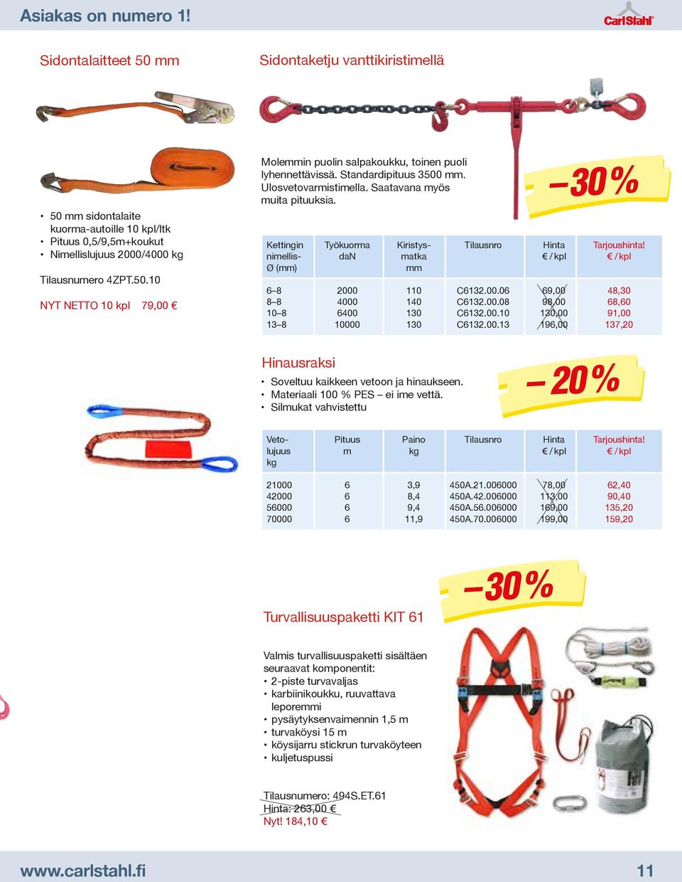 nimellis- dan matka 3 / kpl 3 / kpl Ø (mm) mm 6 8 2000 110 C6132.00.06 69,00 48,30 8 8 4000 140 C6132.00.08 98,00 68,60 10 8 6400 130 C6132.00.10 130,00 91,00 13 8 10000 130 C6132.00.13 196,00 137,20 Hinausraksi Soveltuu kaikkeen vetoon ja hinaukseen.