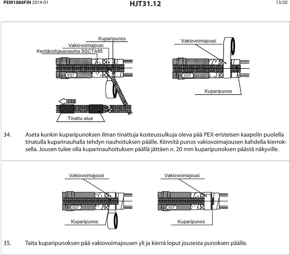 nauhoituksen päälle. Kiinnitä punos vakiovoimajousen kahdella kierroksella. Jousen tulee olla kuparinauhoituksen päällä jättäen n.