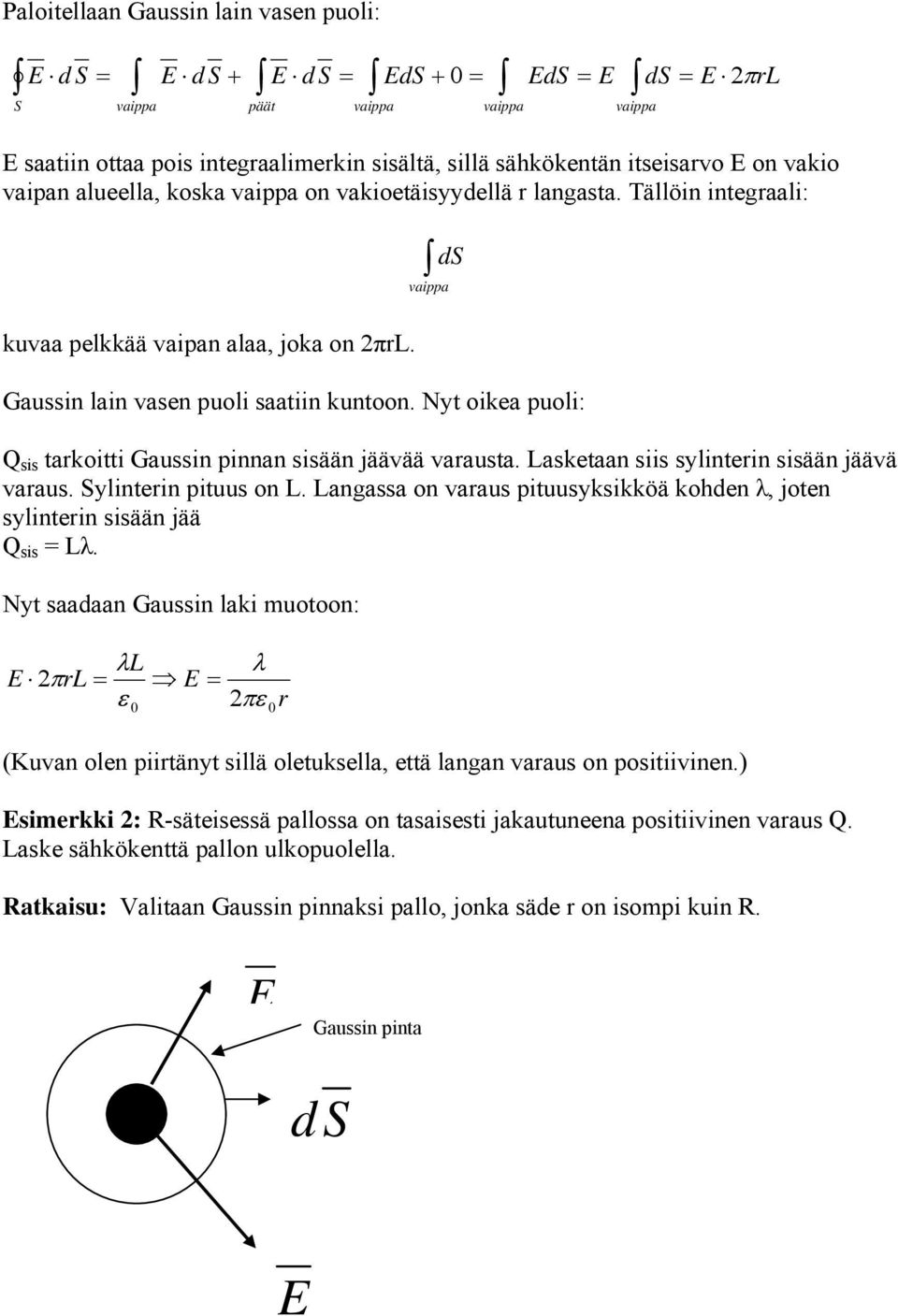 Nyt oikea puoli: Q sis tarkoitti Gaussin pinnan sisään jäävää varausta. Lasketaan siis sylinterin sisään jäävä varaus. ylinterin pituus on L.