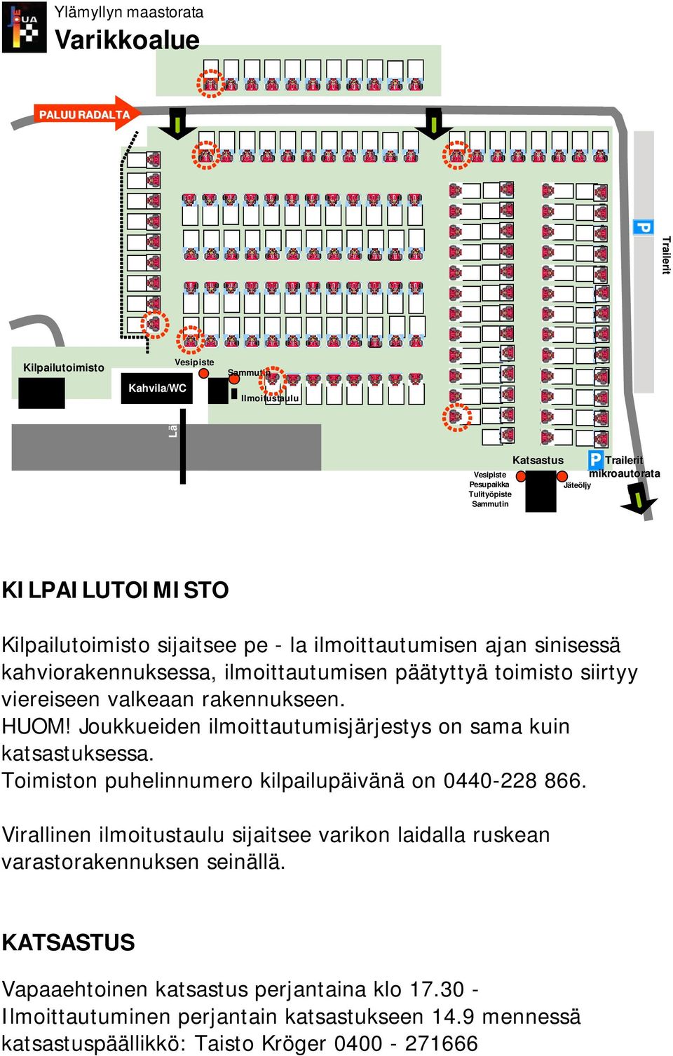 rakennukseen. HUOM! Joukkueiden ilmoittautumisjärjestys on sama kuin katsastuksessa. Toimiston puhelinnumero kilpailupäivänä on 0440-228 866.