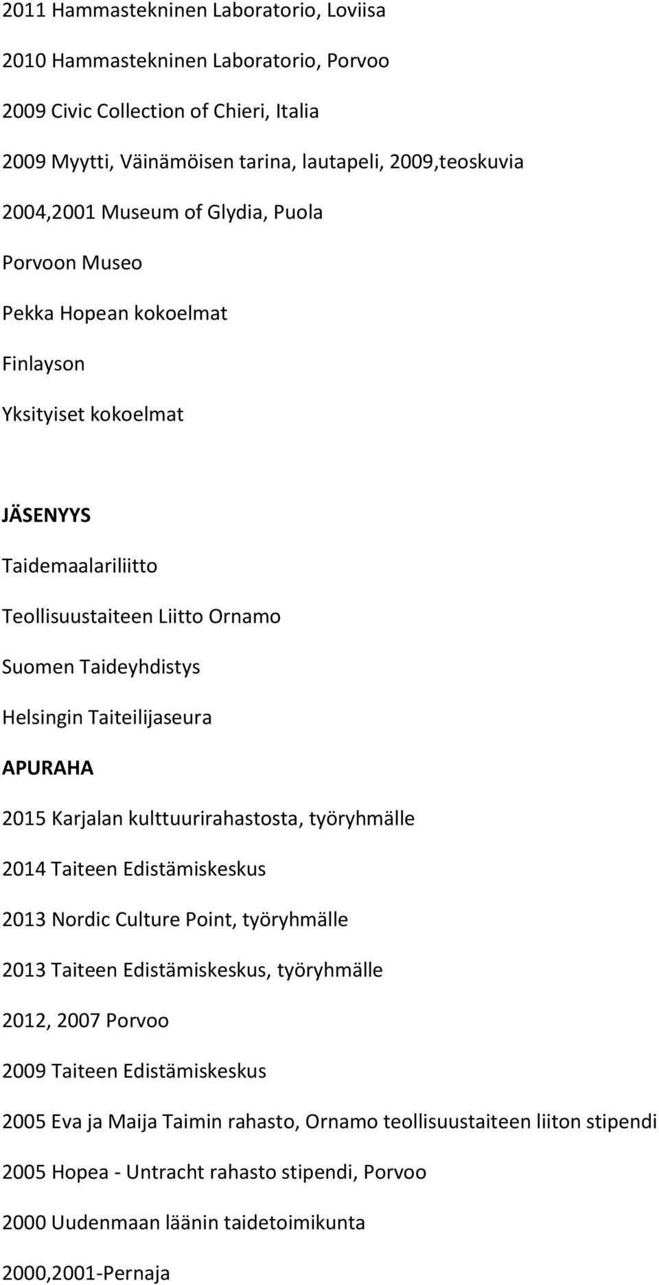 Taiteilijaseura APURAHA 2015 Karjalan kulttuurirahastosta, työryhmälle 2014 Taiteen Edistämiskeskus 2013 Nordic Culture Point, työryhmälle 2013 Taiteen Edistämiskeskus, työryhmälle 2012, 2007