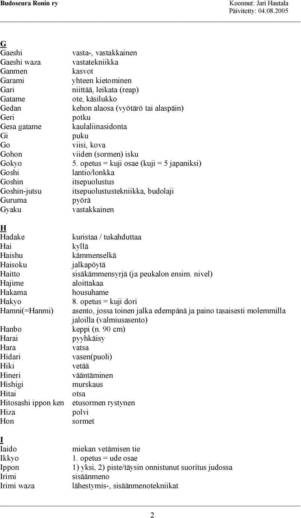 opetus = kuji osae (kuji = 5 japaniksi) lantio/lonkka itsepuolustus itsepuolustustekniikka, budolaji pyörä vastakkainen H Hadake kuristaa / tukahduttaa Hai kyllä Haishu kämmenselkä Haisoku jalkapöytä