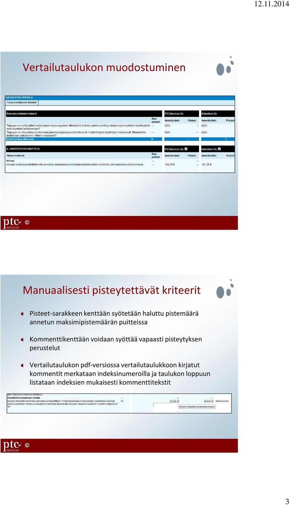 syöttää vapaasti pisteytyksen perustelut Vertailutaulukon pdf-versiossa vertailutaulukkoon kirjatut