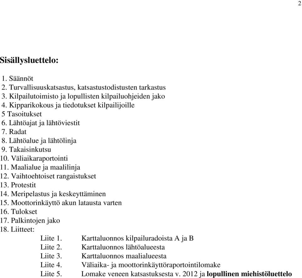 Maalialue ja maalilinja 12. Vaihtoehtoiset rangaistukset 13. Protestit 14. Meripelastus ja keskeyttäminen 15. Moottorinkäyttö akun latausta varten 16. Tulokset 17. Palkintojen jako 18.