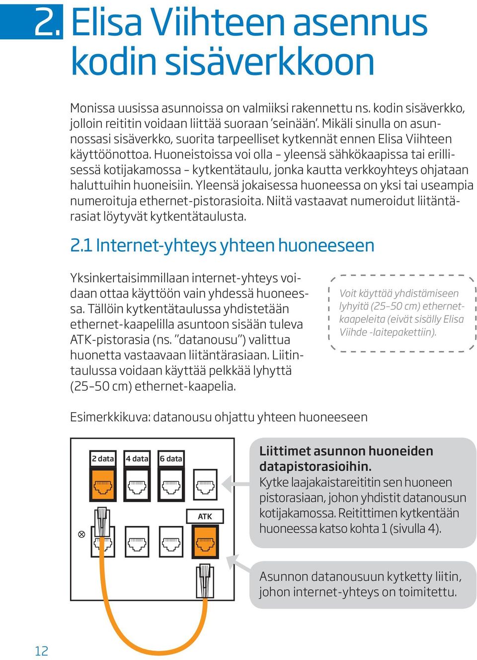 Huoneistoissa voi olla yleensä sähkökaapissa tai erillisessä kotijakamossa kytkentätaulu, jonka kautta verkkoyhteys ohjataan haluttuihin huoneisiin.