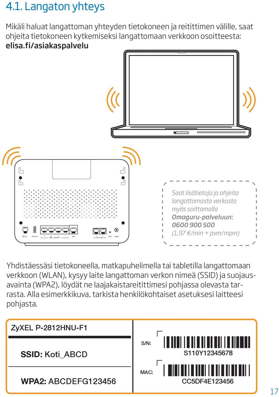 pvm/mpm) Yhdistäessäsi tietokoneella, matkapuhelimella tai tabletilla langattomaan verkkoon (WLAN), kysyy laite langattoman verkon nimeä (SSID) ja suojausavainta (WPA2), löydät ne