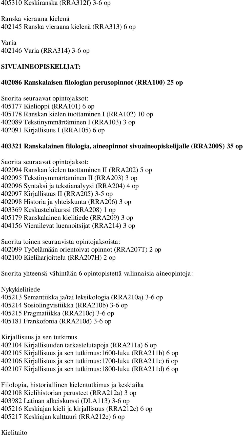 Ranskalainen filologia, aineopinnot sivuaineopiskelijalle (RRA200S) 35 op 402094 Ranskan kielen tuottaminen II (RRA202) 5 op 402095 Tekstinymmärtäminen II (RRA203) 3 op 402096 Syntaksi ja