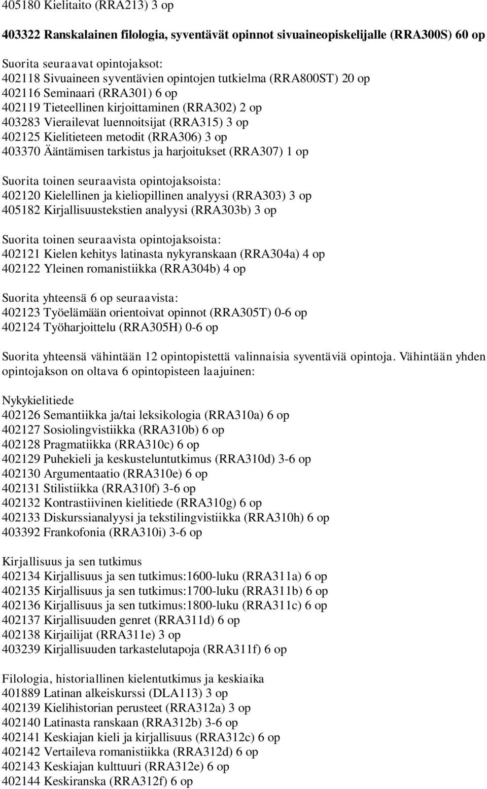 harjoitukset (RRA307) 1 op 402120 Kielellinen ja kieliopillinen analyysi (RRA303) 3 op 405182 Kirjallisuustekstien analyysi (RRA303b) 3 op 402121 Kielen kehitys latinasta nykyranskaan (RRA304a) 4 op