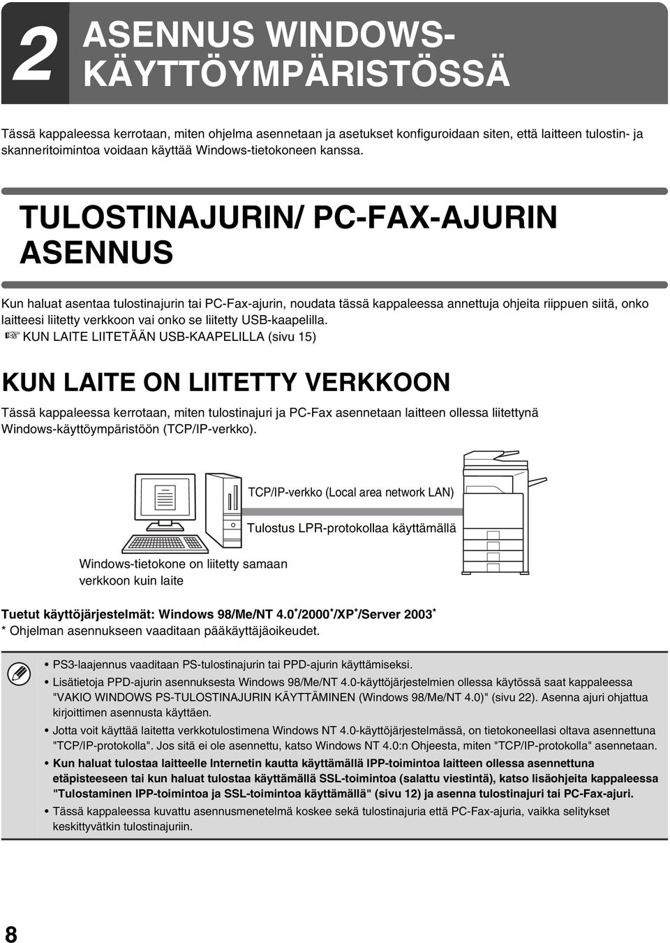 TULOSTINAJURIN/ PC-FAX-AJURIN ASENNUS Kun haluat asentaa tulostinajurin tai PC-Fax-ajurin, noudata tässä kappaleessa annettuja ohjeita riippuen siitä, onko laitteesi liitetty verkkoon vai onko se