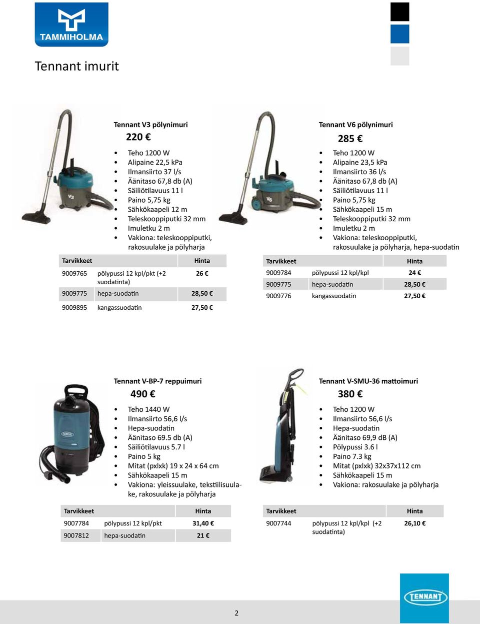 Alipaine 23,5 kpa Ilmansiirto 36 l/s Äänitaso 67,8 db (A) Säiliötilavuus 11 l Paino 5,75 kg Sähkökaapeli 15 m Teleskooppiputki 32 mm Imuletku 2 m Vakiona: teleskooppiputki, rakosuulake ja pölyharja,