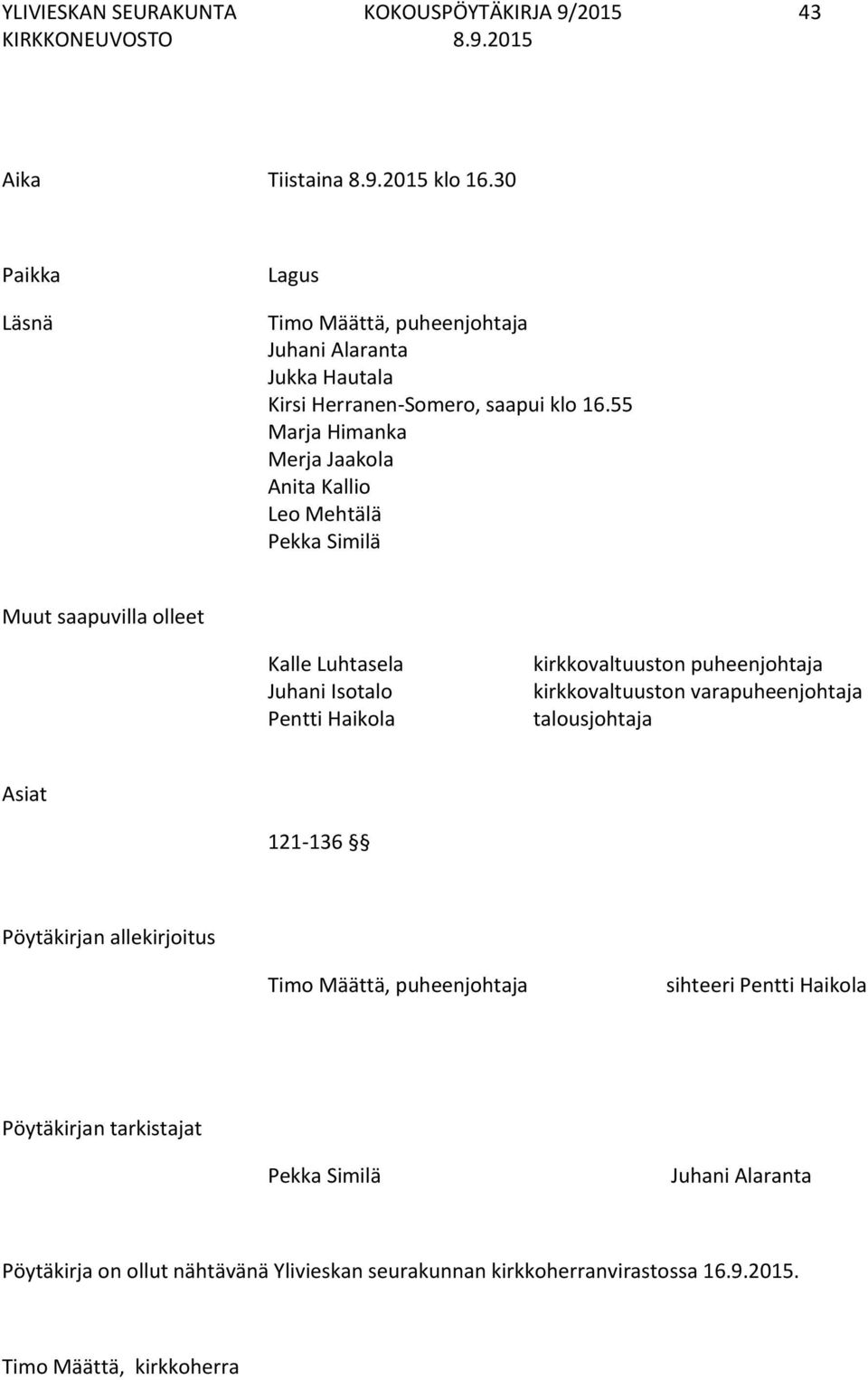 55 Marja Himanka Merja Jaakola Anita Kallio Leo Mehtälä Pekka Similä Muut saapuvilla olleet Kalle Luhtasela Juhani Isotalo Pentti Haikola kirkkovaltuuston