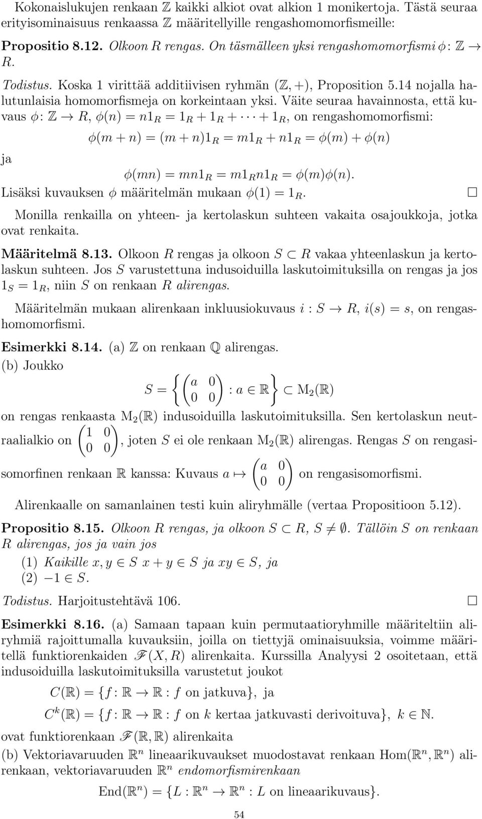 Väite seuraa havainnosta, että kuvaus φ: Z R, φ(n) =n1 R =1 R +1 R + +1 R,onrengashomomorfismi: φ(m + n) =(m + n)1 R = m1 R + n1 R = φ(m)+φ(n) ja φ(mn) =mn1 R = m1 R n1 R = φ(m)φ(n).