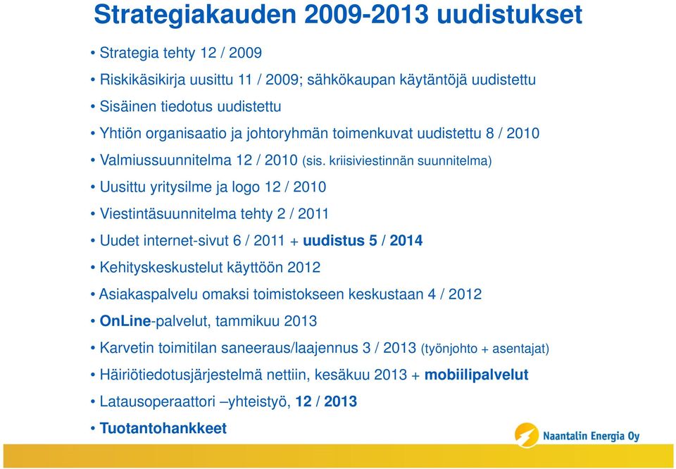 kriisiviestinnän suunnitelma) Uusittu yritysilme ja logo 12 / 2010 Viestintäsuunnitelma tehty 2 / 2011 Uudet internet-sivut 6 / 2011 + uudistus 5 / 2014 Kehityskeskustelut käyttöön