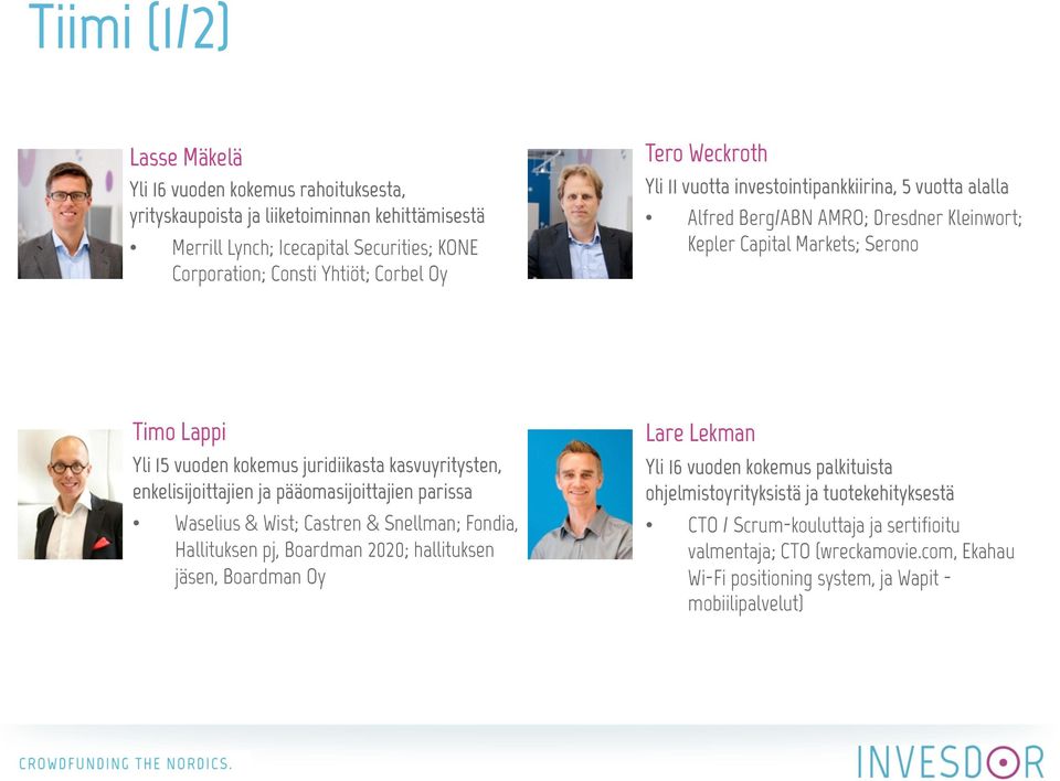 kasvuyritysten, enkelisijoittajien ja pääomasijoittajien parissa Waselius & Wist; Castren & Snellman; Fondia, Hallituksen pj, Boardman 2020; hallituksen jäsen, Boardman Oy Lare Lekman Yli 16