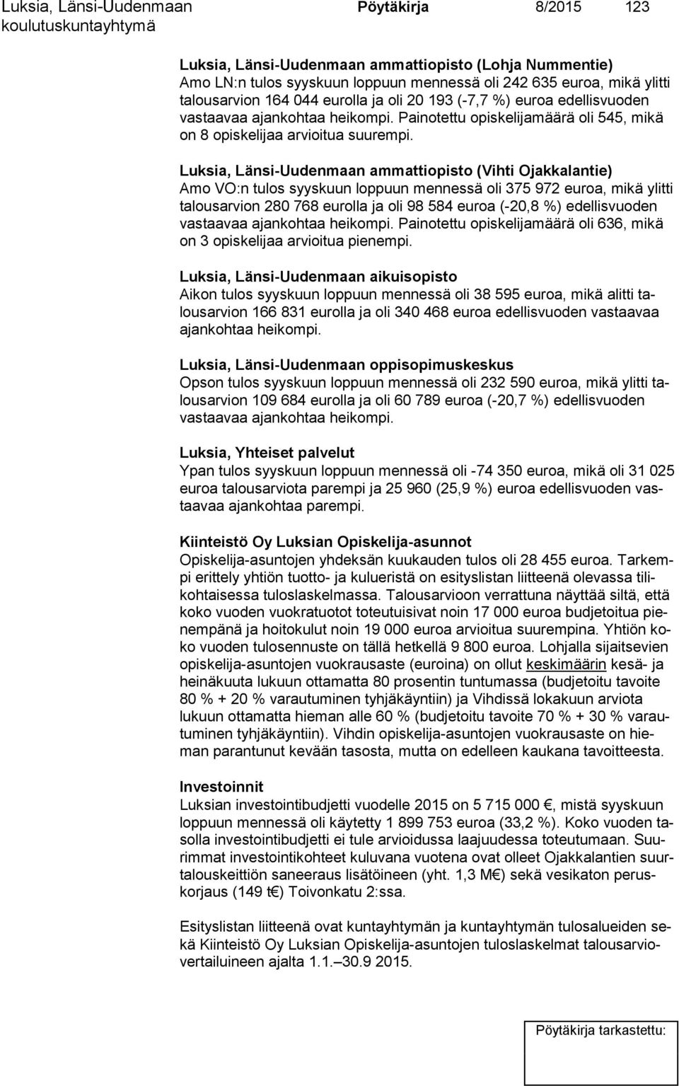 Luksia, Länsi-Uudenmaan ammattiopisto (Vihti Ojakkalantie) Amo VO:n tulos syyskuun loppuun mennessä oli 375 972 euroa, mikä ylit ti ta lous ar vion 280 768 eurolla ja oli 98 584 euroa (-20,8 %)