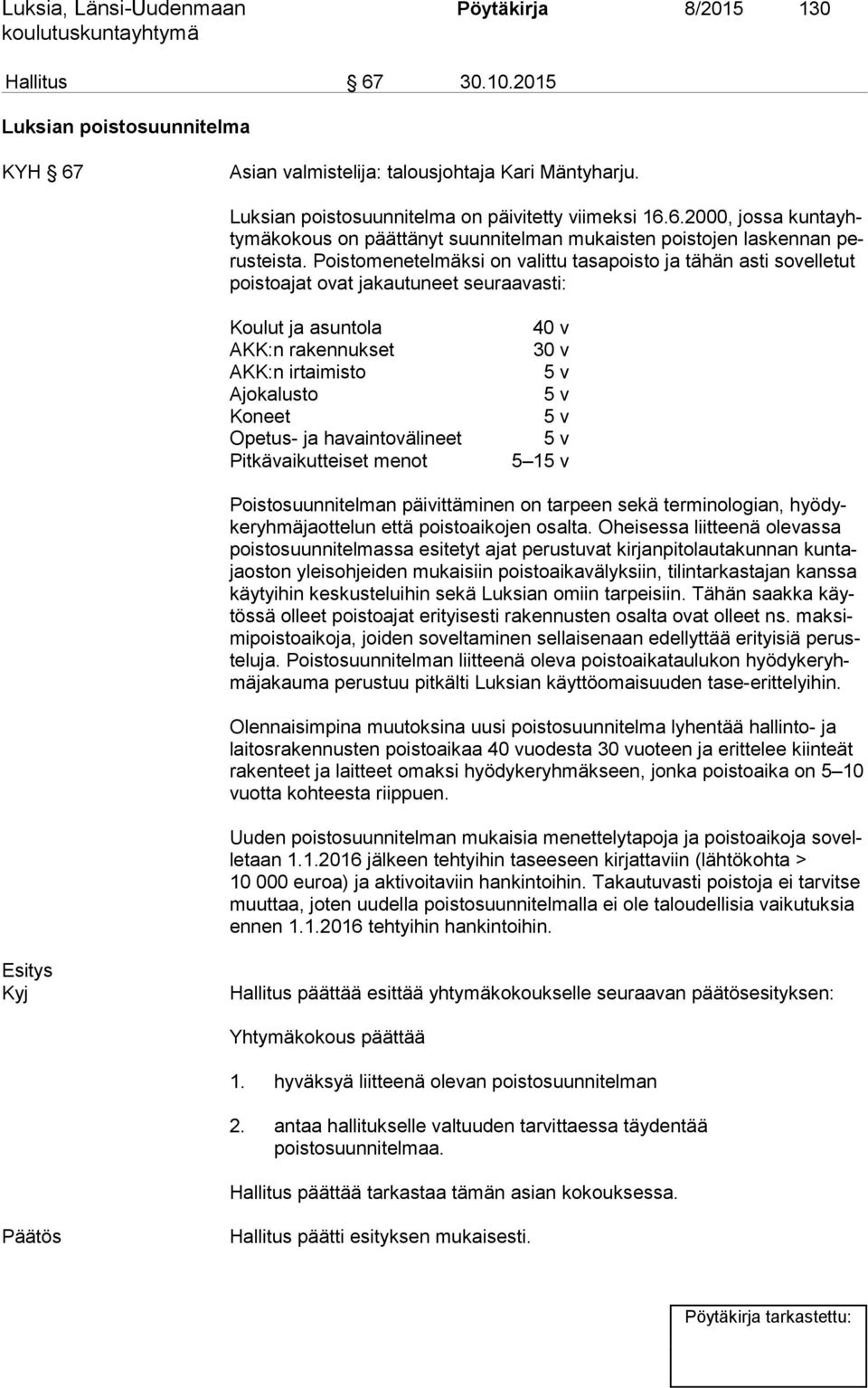 Poistomenetelmäksi on valittu tasapoisto ja tähän asti so vel le tut poistoajat ovat jakautuneet seuraavasti: Koulut ja asuntola AKK:n rakennukset AKK:n irtaimisto Ajokalusto Koneet Opetus- ja