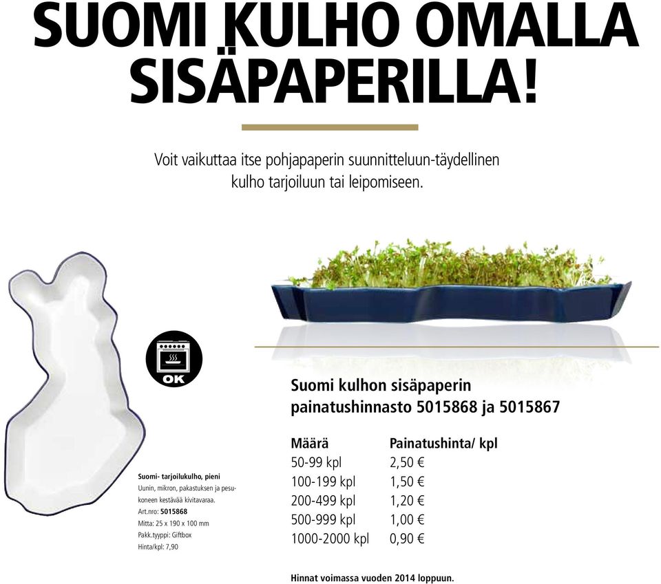 Suomi kulhon sisäpaperin painatushinnasto 5015868 ja 5015867 Suomi- tarjoilukulho, pieni Uunin, mikron, pakastuksen ja
