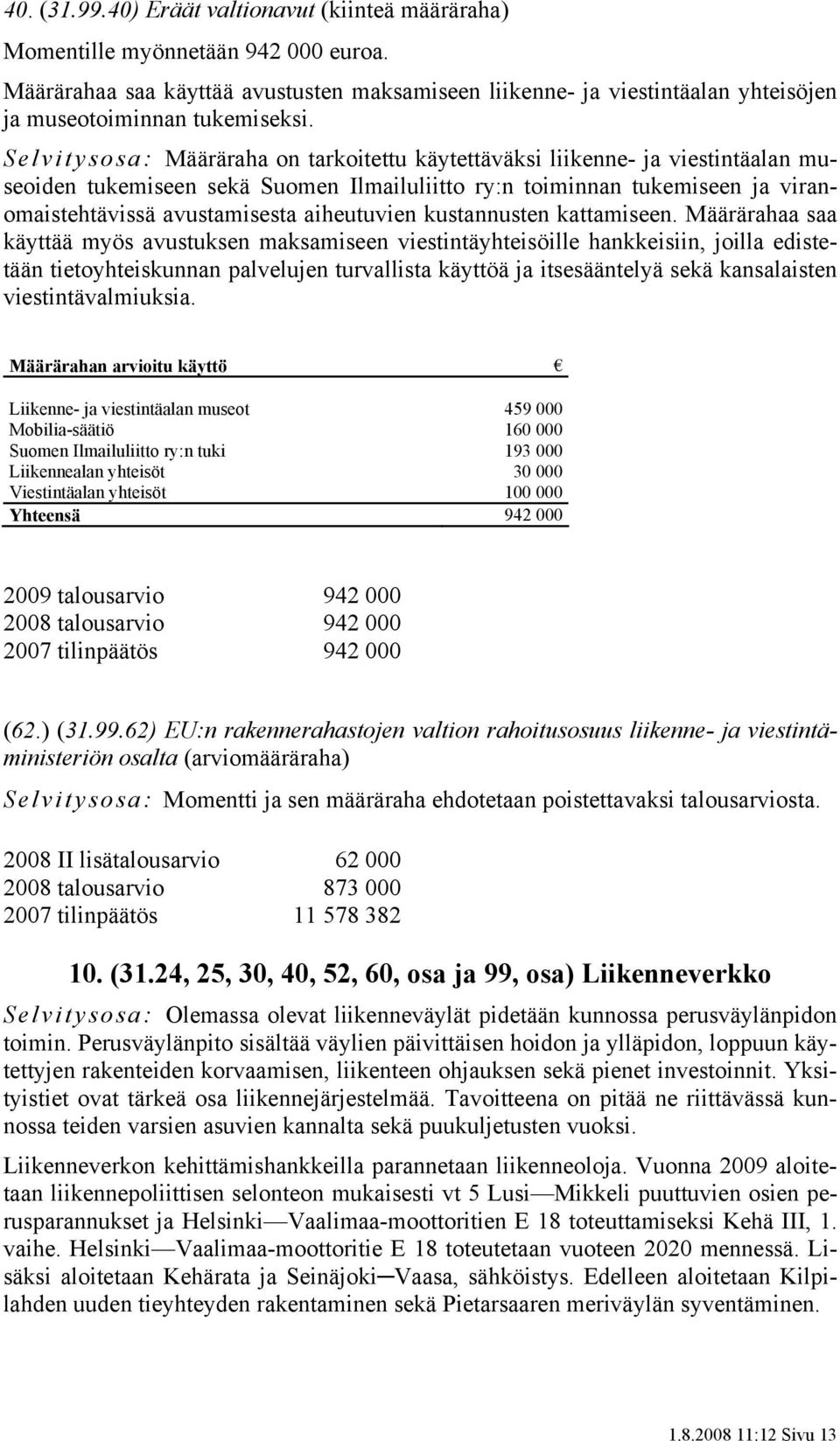 Selvitysosa: Määräraha on tarkoitettu käytettäväksi liikenne- ja viestintäalan museoiden tukemiseen sekä Suomen Ilmailuliitto ry:n toiminnan tukemiseen ja viranomaistehtävissä avustamisesta