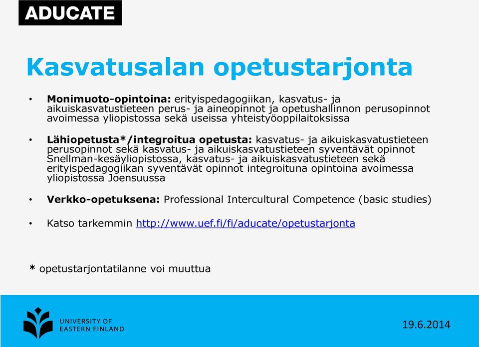 aikuiskasvatustieteen syventävät opinnot Snellman-kesäyliopistossa, kasvatus- ja aikuiskasvatustieteen sekä erityispedagogiikan syventävät opinnot integroituna opintoina