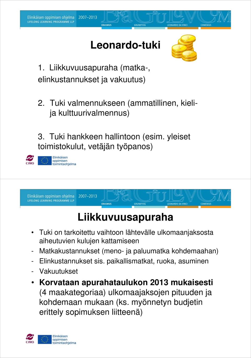 yleiset toimistokulut, vetäjän työpanos) Liikkuvuusapuraha Tuki on tarkoitettu vaihtoon lähtevälle ulkomaanjaksosta aiheutuvien kulujen kattamiseen -