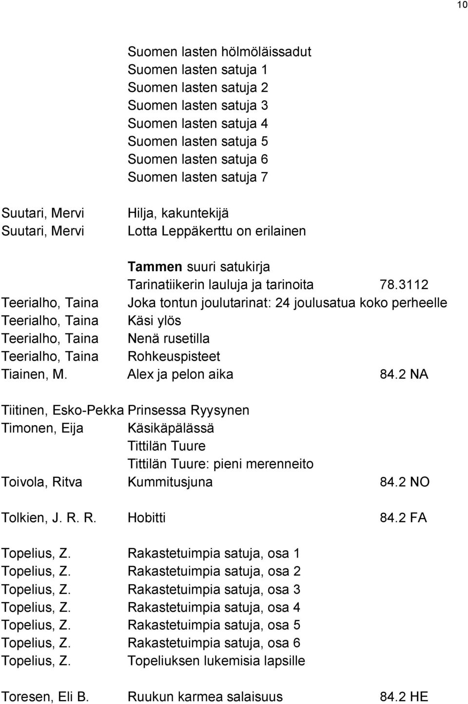 3112 Teerialho, Taina Joka tontun joulutarinat: 24 joulusatua koko perheelle Teerialho, Taina Käsi ylös Teerialho, Taina Nenä rusetilla Teerialho, Taina Rohkeuspisteet Tiainen, M.