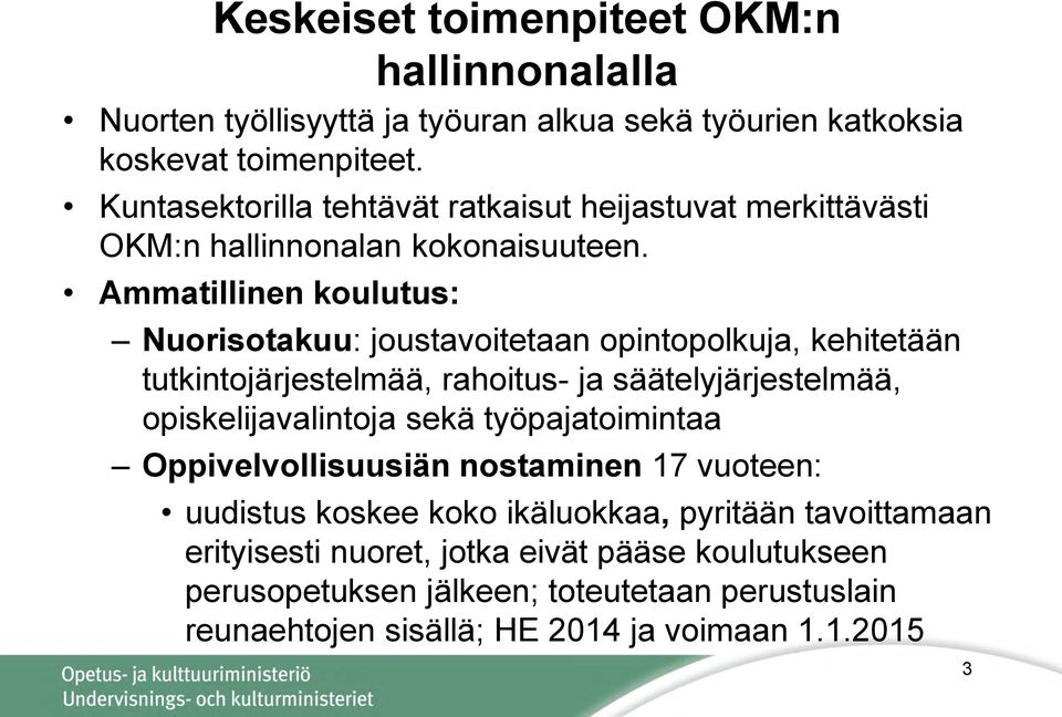 Ammatillinen koulutus: Nuorisotakuu: joustavoitetaan opintopolkuja, kehitetään tutkintojärjestelmää, rahoitus- ja säätelyjärjestelmää, opiskelijavalintoja sekä